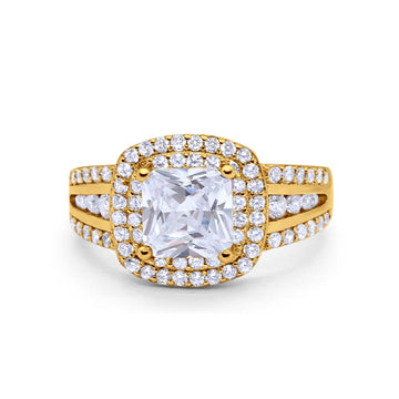 Halo Wedding Ring Princess Yellow Tone, Simulated Cubic Zirconia 925 Sterling Silver